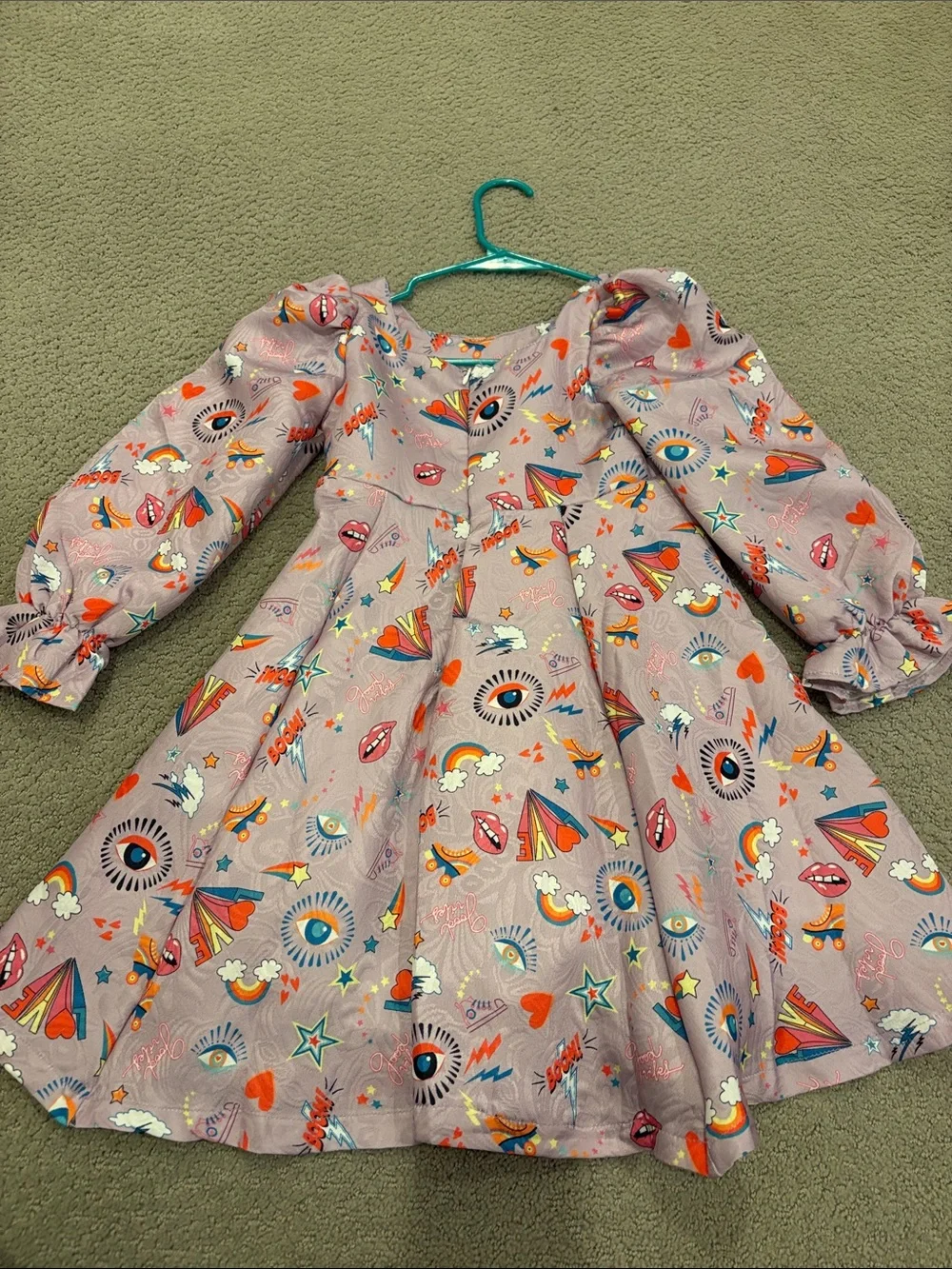 Lola and the Boys, Girls Pink Graphic Puff Sleeve Dress with Hearts & Rainbows